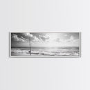 Beach Fishing, Ocean Waves, Rod and Reel, Framed Canvas Print, Coastal Living Wall Art, Minimalist Nautical Decor, Beach House Aesthetic