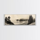 Misty Bay, Forested Coast, Moody Landscape, Serene Shoreline, Framed Canvas Print, Coastal Wall Art, Bedroom Decor, Earthy Tones