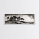Coastal Pines, Ocean View, Windswept Trees, Framed Canvas Print, Minimalist Landscape Art, Neutral Tones, Entryway Wall Decor