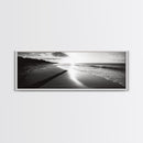 Beach Horizon, Sunset Shoreline, Ocean Reflections, Framed Canvas Print, black and white coastal art, modern bedroom wall decor