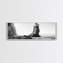 Sea Stack, Rugged Coast, Ocean Cliffside, Framed Canvas Print, Coastal landscape, Nature photography, Office wall art, Monochrome design