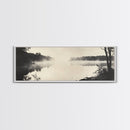 Misty River, Forest Reflection, Black and White Nature, Framed Canvas Print, Tranquil Decor, Bedroom Wall Art, Moody Minimalist Art