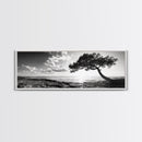 Lone Tree, Coastal Sunset, Ocean Horizon, Framed Canvas Print, Tranquil Landscape Art, Meditation Room Wall Art, Nature Zen Decor