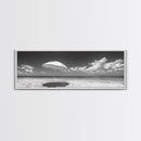 Beach Umbrella, Sunny Sky, Ocean Escape, Seaside Shade, Framed Canvas Print, Summer Wall Art, Bathroom Decor, Minimalist Coastal Style