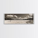 Beach Volleyball, Sand Court, Summer Fun, Tropical Clouds, Framed Canvas Print, Sports Room Wall Art, Coastal Decor, Sepia Beach Art