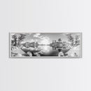 Mountain Reflections, Nature Panorama, Black and White Landscape, Framed Canvas Print, Living Room Wall Art, Modern Wilderness Decor
