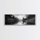 Alpine Lake Scene, Black and White Forest, Serene Mountain Print, Framed Canvas Print, Rustic Wall Art, Cabin Living Room Decor