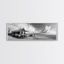 Seaside Bar, Beach Café, Oceanfront Dining, Cloudy Sky, Framed Canvas Print, Kitchen Wall Art, Black and White Tropical Art, Travel Decor