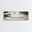 Cloudy Beach, Sandy Shoreline, Coastal Serenity, Framed Canvas Print, Neutral Tones Wall Art, Minimalist Bathroom or Hallway Decor