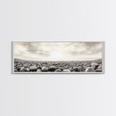 Pebble Shoreline, Soft Horizon, Beach Sunrise, Calm Coastal Decor, Framed Canvas Print, Neutral Tones, Bedroom Wall Art, Nature Minimalism