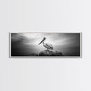 Coastal Pelican, Ocean Rock, Tranquil Wildlife Scene, Framed Canvas Print, Beach House Wall Art, Seaside Nature Decor, Moody Tones