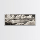 Misty Lake, Peaceful Shore, Cloud Reflections, Canvas Print, Black and White Nature Art, Coastal Landscape, Bedroom Wall Art, Minimalist Decor