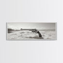 Revolver On Beach, Western Vibes, Americana Style, Framed Canvas Print, Man Cave Wall Art, Bold Statement Decor, Coastal Contrast