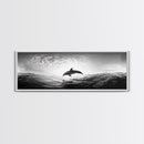 Ocean Dolphin Jump, Seascape Art, Black White Photography, Coastal Wall Decor, Canvas Print, Minimalist Bathroom Wall Art, Nautical Style