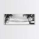 Tropical Beach Scene, Palm Tree Horizon, Ocean Serenity, Island Life, Framed Canvas Print, Coastal Wall Art, Living Room Decor, Minimalist Vibe