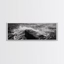 Crashing Waves Rock, Coastal Seascape, Ocean Photography, Black White Art, Framed Canvas Print, Nautical Bathroom Wall Decor