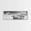 Arctic Stream, Mountain Snow, Clear Sky, Framed Canvas Print, Scandinavian decor, nature wall art, winter bedroom print, cool color tones