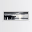 Ocean Pier, Tranquil Horizon, Serene Seascape, Framed Canvas Print, black and white beach wall art, bedroom coastal minimalism