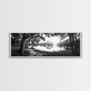 River Sunset, Mossy Trees, Tranquil Reflection, Framed Canvas Print, southern forest wall art, peaceful living room decor, rustic boho vibe