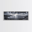 Cloudy Horizon, Wide Ocean View, Coastal Cliffs, Framed Canvas Print, dramatic seascape wall art, coastal kitchen decor, black and white
