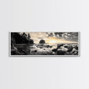 Sunset Shoreline, Moody Rocks, Forested Coast, Framed Canvas Print, nature lover gift, fall coastal art, rustic bathroom wall decor