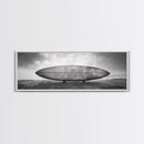 Surfboard Alone, Beach Sand, Cloudy Sky, Framed Canvas Print, minimalist surf art, coastal man cave decor, surf lover gift idea
