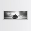 Seaside Rock Monolith, Ocean Landscape, Dramatic Sky Photography, Framed Canvas Print, Moody Wall Art, Minimalist Home Decor