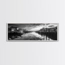 Fishing Dock, Quiet Marina, Waterside Village, Canvas Print, Nautical Wall Art, Lake House Decor, Black and White Photography