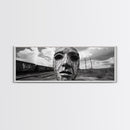 Abandoned Train Mask, Urban Surrealism, Monochrome Street Art, Modern Edgy Decor, Framed Canvas Print, Industrial Room Style