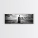 Whiskey on Beach, Bottle Seascape, Moody Coastal Still Life, Canvas Print, Masculine Bar Wall Art, Rustic Living Room Accent Piece