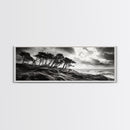 Windswept Pines, Stormy Sea, Moody Coastal Scene, Framed Canvas Print, Rustic Nature Decor, Bedroom Wall Art, Autumn Vibes
