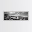 Rocky Beach, Driftwood Crate, Stormy Sky Seascape, Framed Canvas Print, Coastal Rustic Decor, Bathroom Wall Art, Monochrome Style
