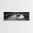 Water Lily, Peaceful Pond, Wooden Dock, Framed Canvas Print, Zen Wall Art, Meditation Room Decor, Black and White Nature Art