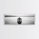 Still Canoe, Lake Mirror, Serene Water, Monochrome Boat, Framed Canvas Print, minimalist wall art, peaceful bedroom decor, boho lake style