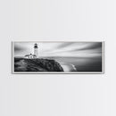 Lighthouse Serenity, Coastal Fog, Ocean Horizon, Canvas Print, Black and White Decor, Office Wall Art, Nautical Theme, Moody Photography