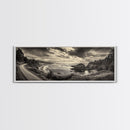 Coastal Road, Ocean Sunset, Rocky Shoreline, Framed Canvas Print, Moody Landscape Photography, Living Room Wall Art, Rustic Nature Decor