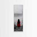 Solitude Reflection, Red Dress Woman, Tranquil Mood, Autumn Lake Scene, Framed Canvas Print, Mindful Art, Bedroom Wall Decor