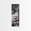 Red Hammock Escape, Nature Lake Art, Serene Moment, Outdoor Vibes, Framed Canvas Print Rustic Bedroom Wall Art, Minimalist Landscape