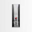 Red Umbrella, Rainy Day, Urban Silhouette, Framed Canvas Print, Minimalist Wall Art, Modern Entryway Decor, Monochrome Mood