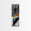 Blue and Yellow Canoe, Calm River Reflections, Rustic Boat Scene, Framed Canvas Print, Autumn Wall Art, Nature Inspired Decor