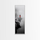 Misty Lighthouse View, Red Beacon Decor, Coastal Minimalist Art, Framed Canvas Print, Modern Seascape Living Room Wall Decor