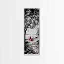 Lonely Figure, Red Bench, Reflective Scene, Peaceful Beach Wall Art, Framed Canvas Print, Black and White Photography, Zen Room Decor