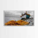 Fishing Boat, Coastal Life, Yellow Net, Framed Canvas Print, Nautical Decor, Beach House Wall Art, Seaside Photography, Ocean Lover Gift