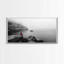 Red Hoodie, Ocean Cliff, Misty Silence, Framed Canvas Print, Minimalist Solitude Art, Mental Health Awareness, Bedroom Wall Decor, Calm Scene