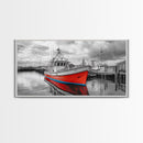 Red Boat, Dock Reflections, Moody Sky, Harbor Life, Framed Canvas Print, Nautical Wall Decor, Coastal Art, Living Room Art, Maritime Style