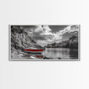Red Sailboat, Rocky Cove, Tranquil Water, Coastal Escape, Canvas Print, Nautical Wall Art, Minimalist Seaside Style, Black White Art