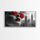 Red Lips, Urban Glam, High Fashion, City Vibes – Framed Canvas Print, Modern Pop Art, Living Room Wall Art, Bold Aesthetic, Edgy Decor