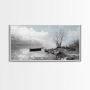 Solitary Boat, Alpine Lake, Tranquil Shore, Winter Silence – Canvas Print, Minimalist Wall Art, Bedroom Decor, Scandinavian Aesthetic