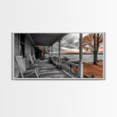 Lake Porch, Autumn Trees, Rocking Chairs, Sunset Serenity – Canvas Print, Fall Wall Art, Country Home Decor, Rustic Americana Landscape