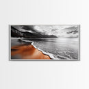 Sunset Shore, Moody Coastline, Crimson Reflections, Stormy Skies – Framed Canvas Print, Beach Wall Art, Coastal Living Room Decor